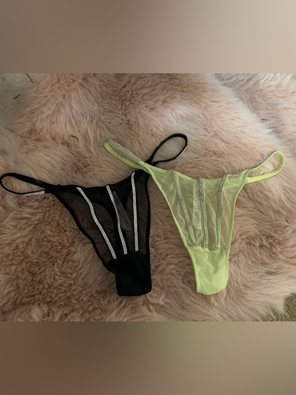 Victoria's Secret Black and Lime Sheer Rhinestone-Trim Thong Set